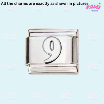 Silver Italian charms with number nine design from Pami Charms on light blue background