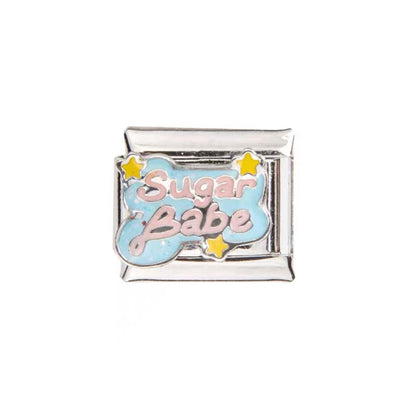 Pami Charms silver Italian charms with blue cloud and Sugar Babe text adorned with yellow stars