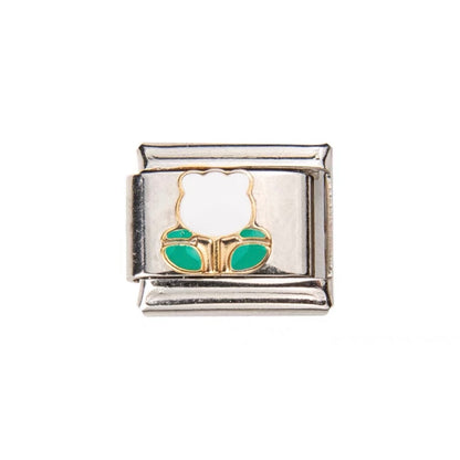 Pami Charms silver Italian charms featuring a white flower with green leaves design