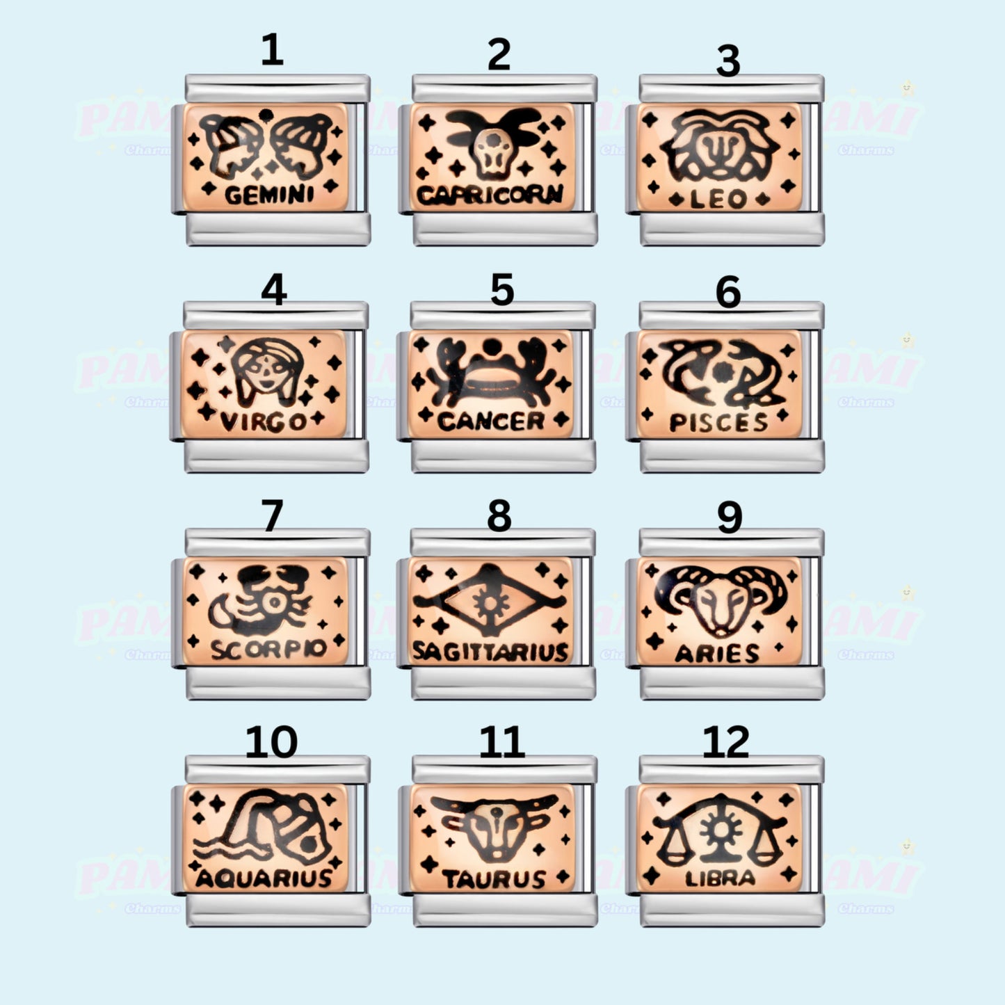 Pami Charms Italian charms featuring zodiac signs including Gemini, Capricorn, and Leo