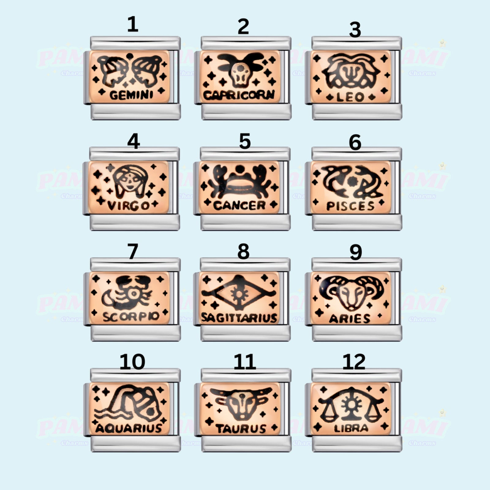 Pami Charms Italian charms featuring zodiac signs including Gemini, Capricorn, and Leo