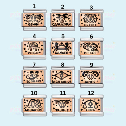 Pami Charms Italian charms featuring zodiac signs including Gemini, Capricorn, and Leo