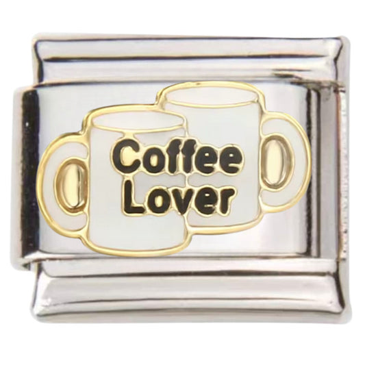 Pami Charms Italian charms with two coffee mugs and Coffee Lover text in gold and black
