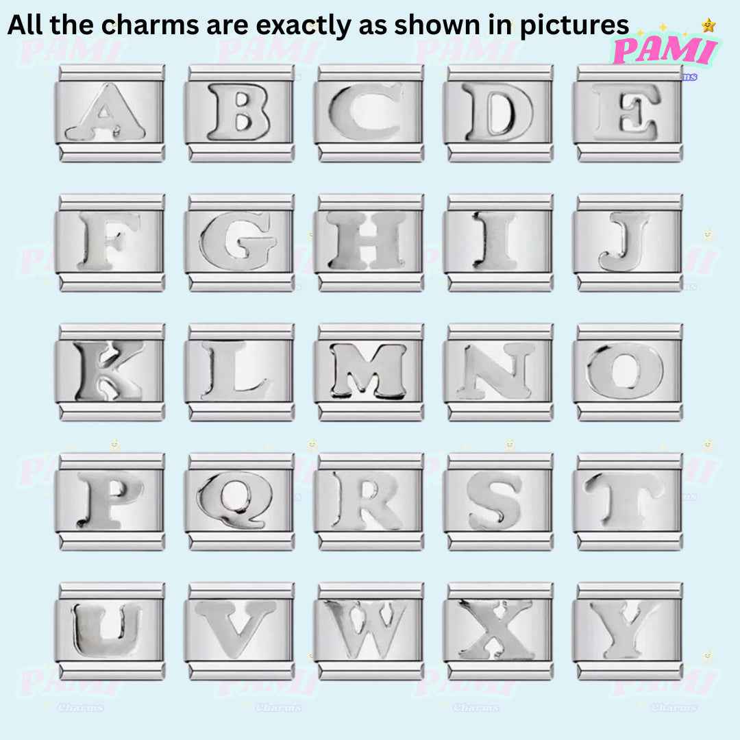 Set of silver alphabet italian charms from A to Y by Pami Charms with embossed letters