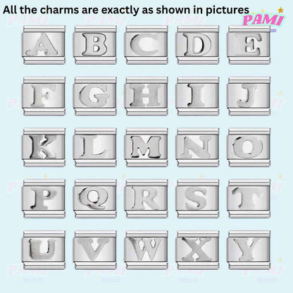 Set of silver alphabet italian charms from A to Y by Pami Charms with embossed letters