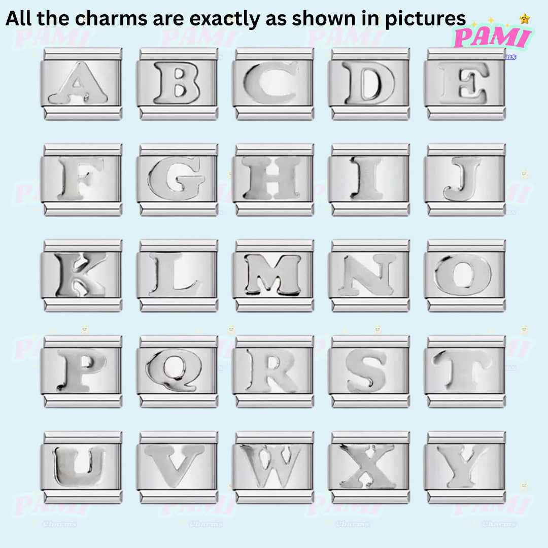 Set of silver alphabet Italian charms from A to Y by Pami Charms perfect for personalized jewelry