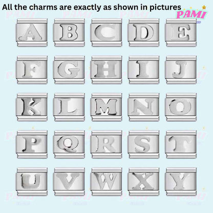 Set of silver alphabet Italian charms from A to Y by Pami Charms perfect for personalized jewelry