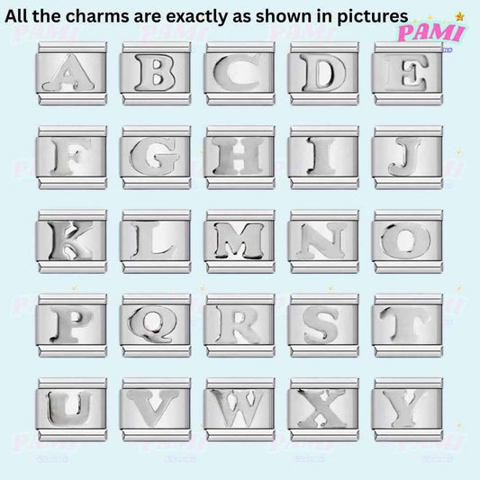 Set of silver alphabet Italian charms from A to Y by Pami Charms perfect for personalized jewelry