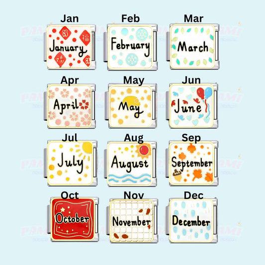 Pami Charms birth month italian charms set featuring all twelve months with unique colorful designs