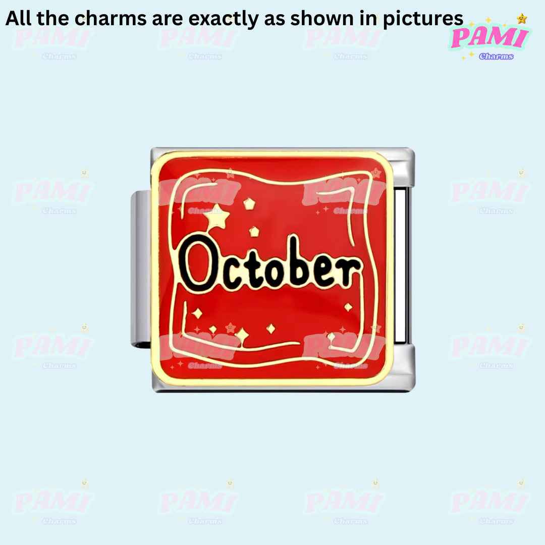 October birth month Italian charms with red background and star design by Pami Charms
