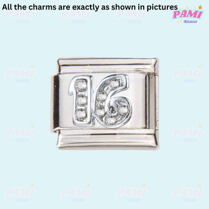 Pami Charms silver number 16 charm with embedded crystals birthday italian charms