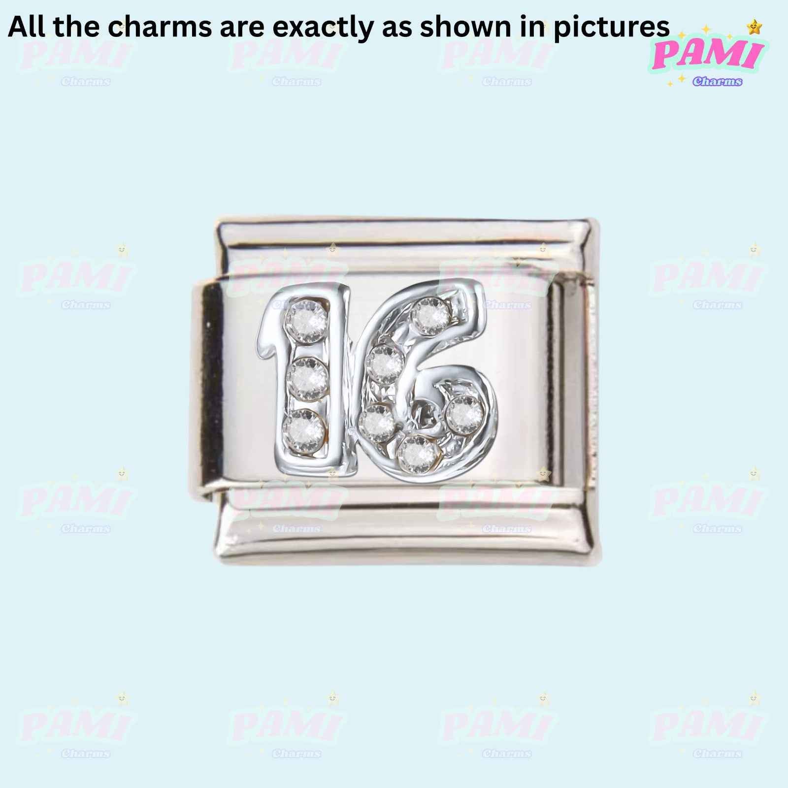 Silver number 16 birthday italian charms with embedded clear stones for charm bracelets