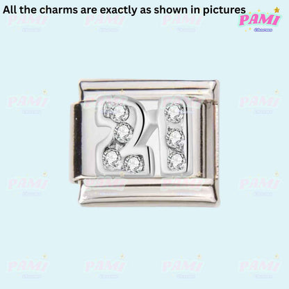 Pami Charms silver number 21 charm with clear stones birthday italian charms
