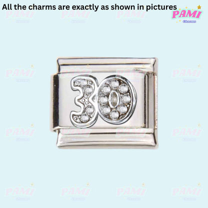 Pami Charms silver number 30 charm with crystals for birthday italian charms collection