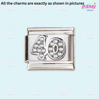 Silver 40 charm with sparkling stones for birthday italian charms by Pami Charms