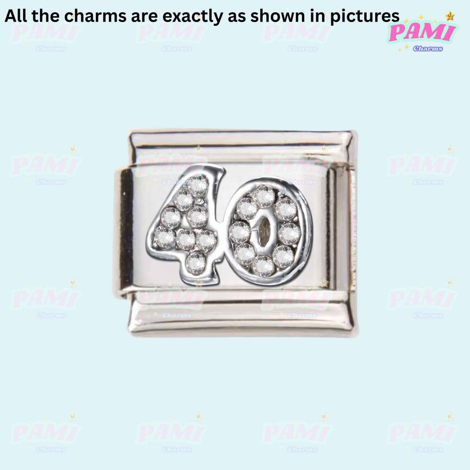Silver 40 birthday italian charms with crystal number design by Pami Charms