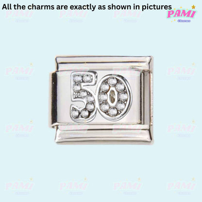 Pami Charms silver 50 number birthday Italian charms with embedded clear stones
