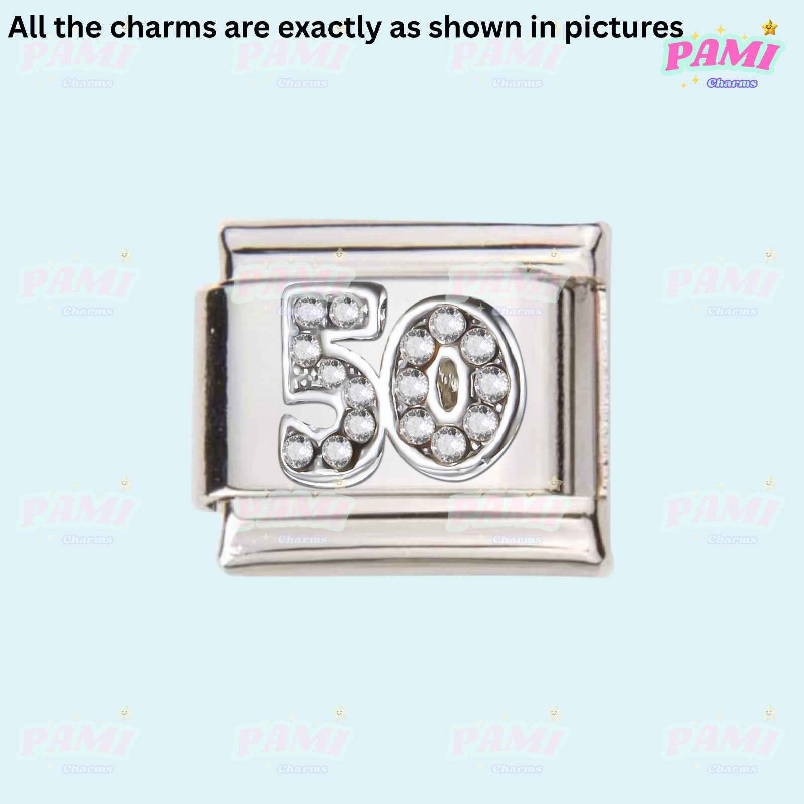 Silver 50 number charm with crystals for birthday italian charms collection by Pami Charms