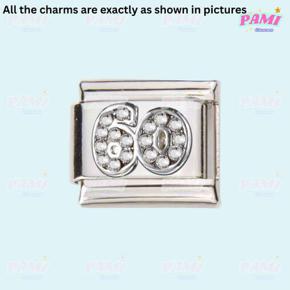 Silver 60 birthday italian charms with embedded clear crystals by Pami Charms