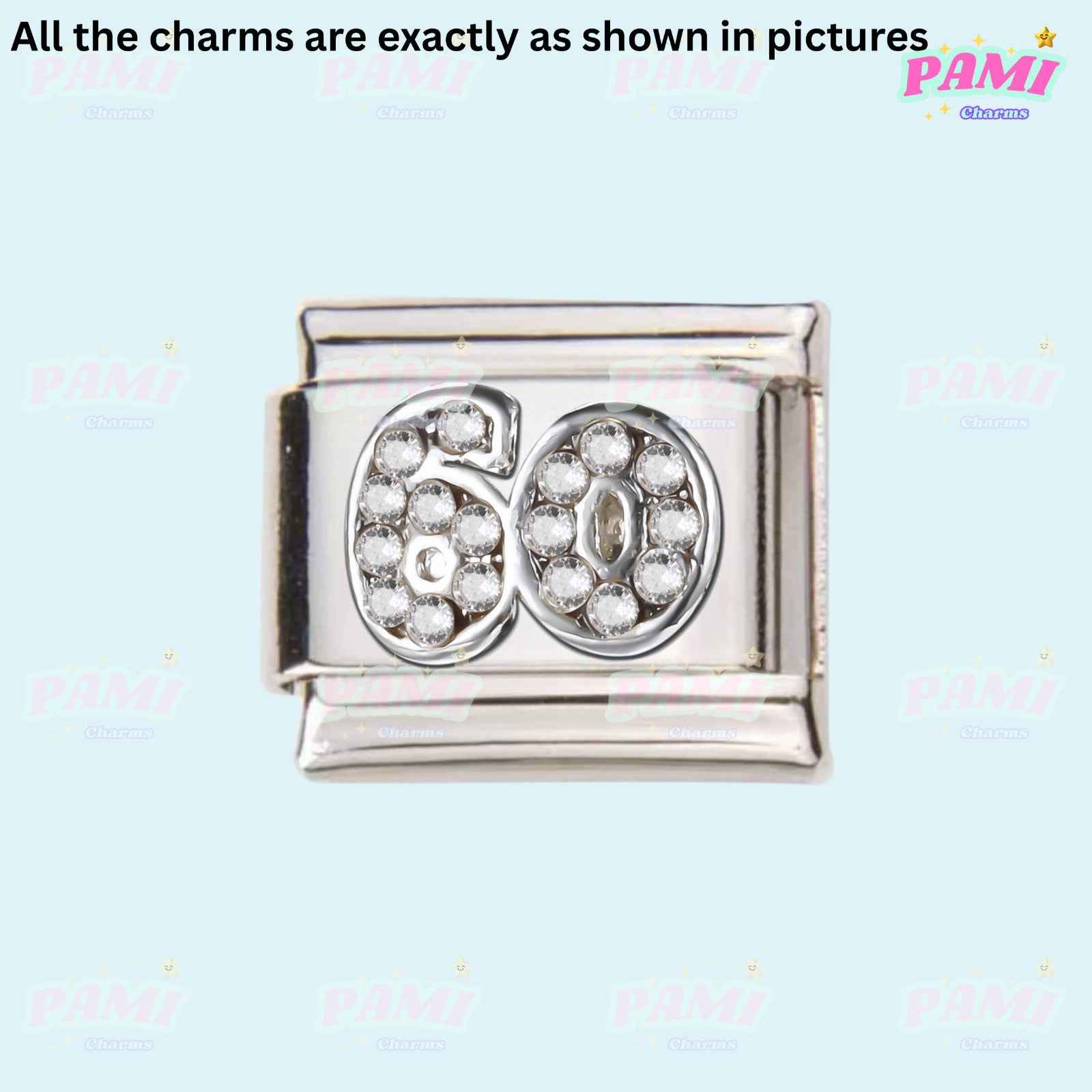 Silver Italian charm with number 60 decorated with clear crystals birthday italian charms