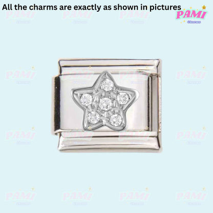 Silver Italian charm with star shape and clear crystals perfect for birthday Italian charms collection
