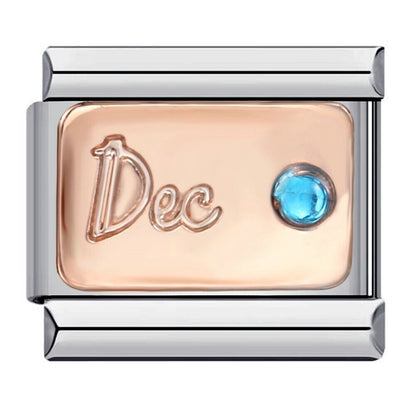 December birthstone Italian charms in rose gold and silver by Pami Charms with blue gemstone detail