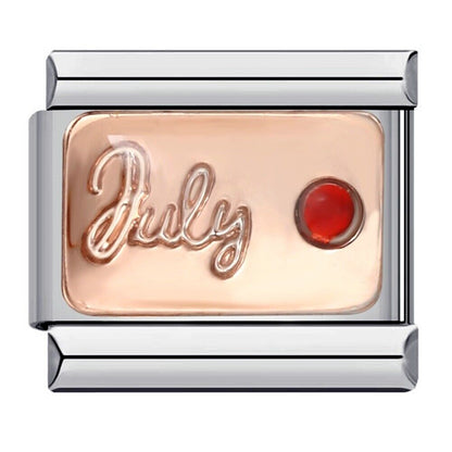 July birthstone italian charms in rose gold with red stone and silver edges by Pami Charms