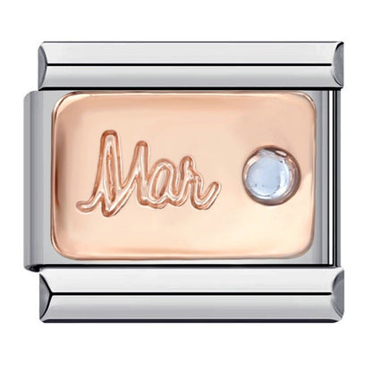 Pami Charms birthstone italian charms for March with rose gold plate and light blue gem