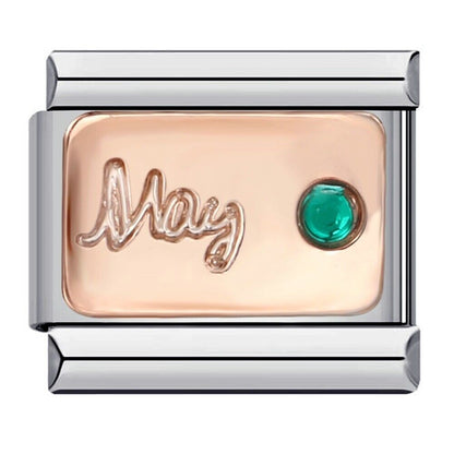 Pami Charms May birthstone Italian charms featuring a green gem and rose gold script design