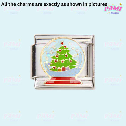 Pami Charms Christmas Italian charms featuring a silver charm with a decorated Christmas tree snow globe
