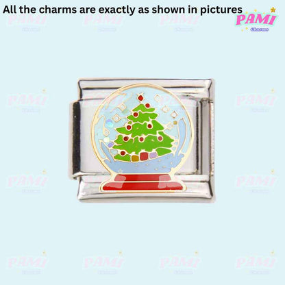 Christmas Italian charms featuring a festive Christmas tree snow globe design by Pami Charms