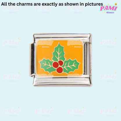 Christmas Italian charms silver link with green holly leaves and red berries on orange background