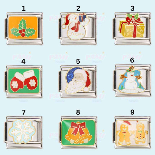 Christmas Italian charms set by Pami Charms featuring holly, snowman, gift, mittens, Santa, snowflake, bells, and gingerbread designs
