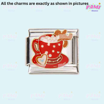 Christmas Italian charms red cup with heart and gingerbread man enamel charm by Pami Charms
