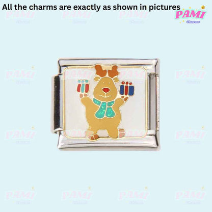Pami Charms Christmas Italian charms featuring a festive reindeer holding colourful gifts