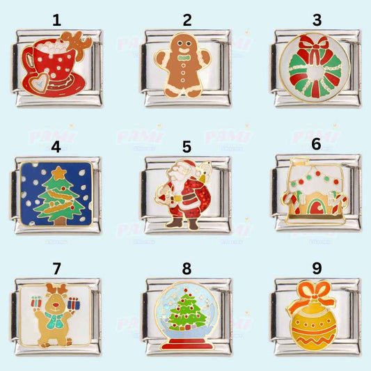 Set of nine christmas italian charms featuring festive designs like Santa, reindeer, gingerbread, wreath, and Christmas tree