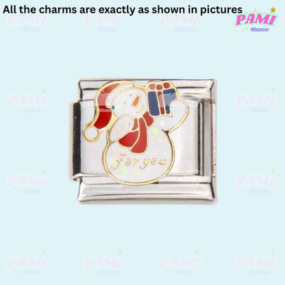Pami Charms Christmas Italian Charms silver link with festive snowman holding gift design