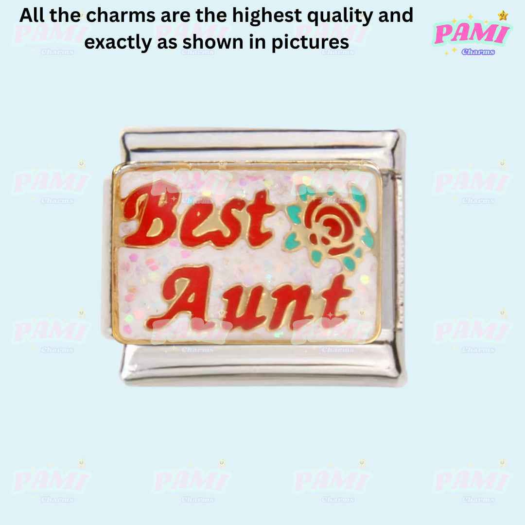 Pami Charms Best Aunt family italian charms with red lettering and decorative flower design