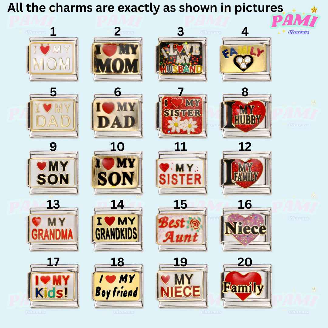Pami Charms family italian charms collection with love themed mom dad sister son hubby and family designs