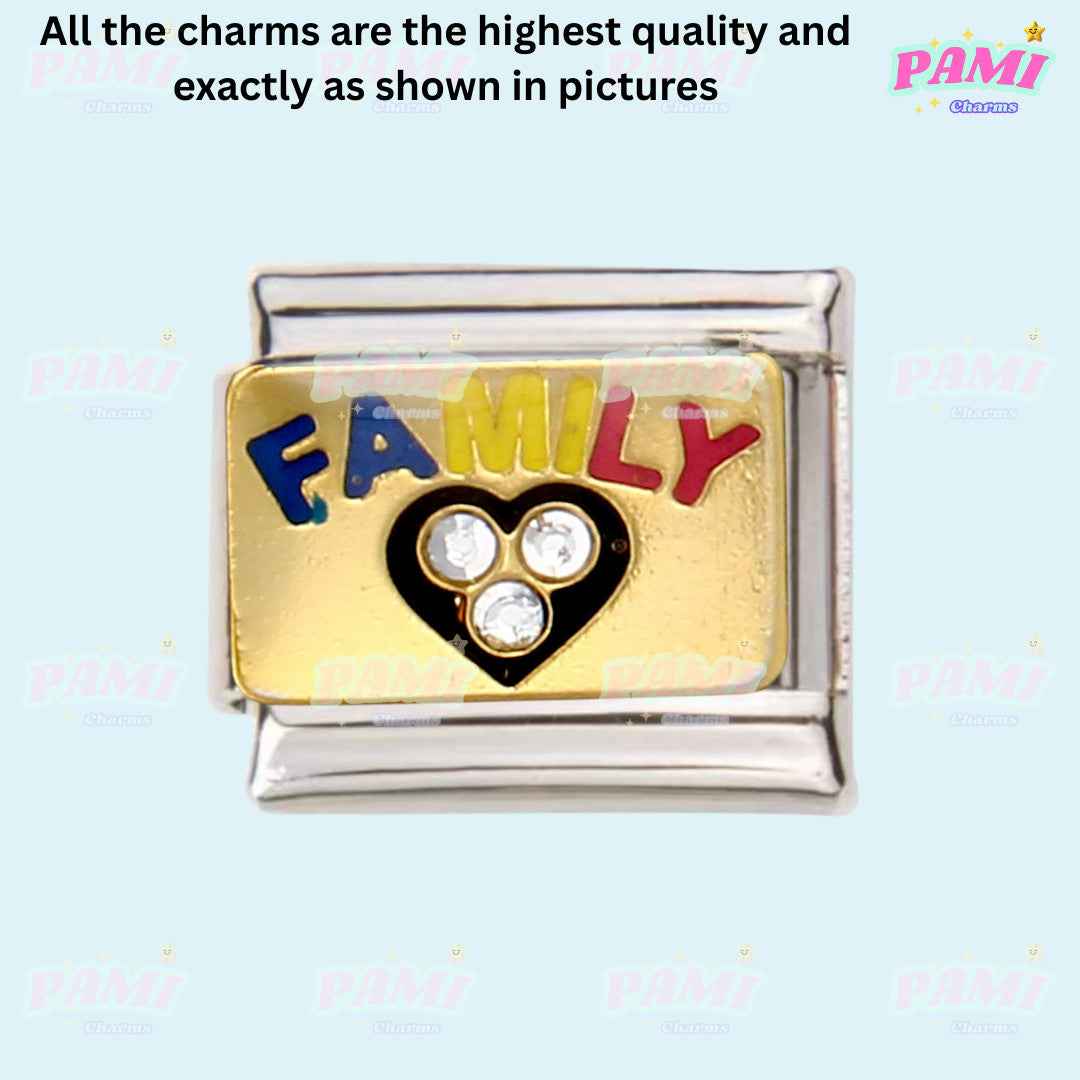 Pami Charms family italian charms gold rectangle with colorful FAMILY letters and heart with crystals