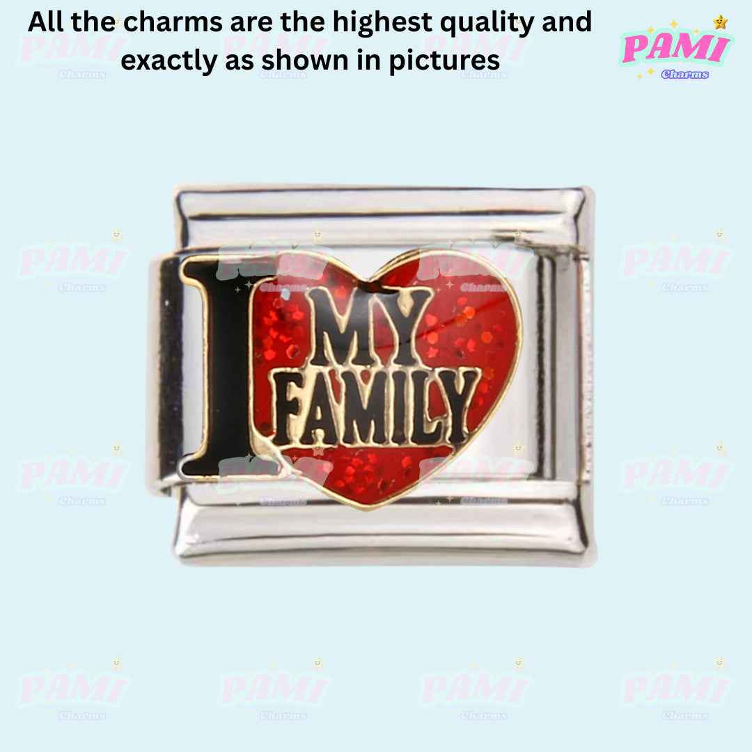 Pami Charms family italian charms silver link with I love my family red heart design