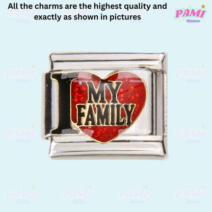 Pami Charms family italian charms silver link with I love my family red heart design