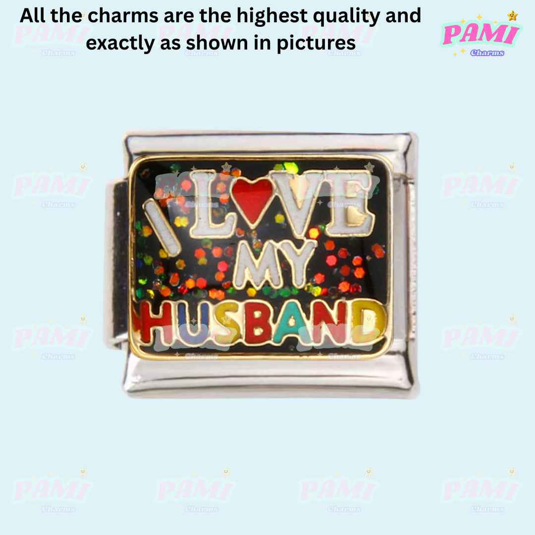 Pami Charms family italian charms featuring I love my husband with colorful glitter detail