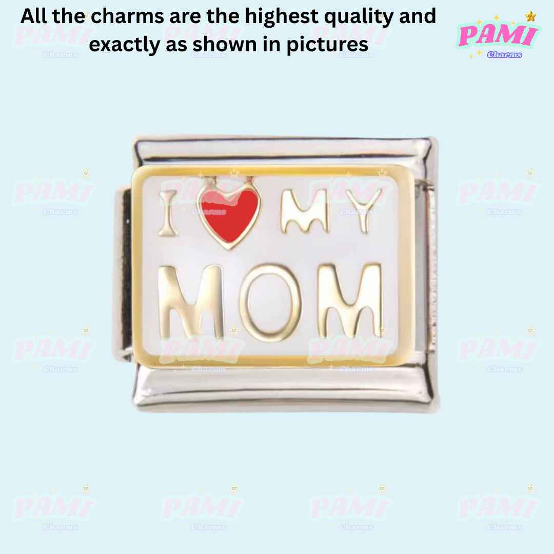 Pami Charms family italian charms silver and gold I love my mom charm with red heart detail