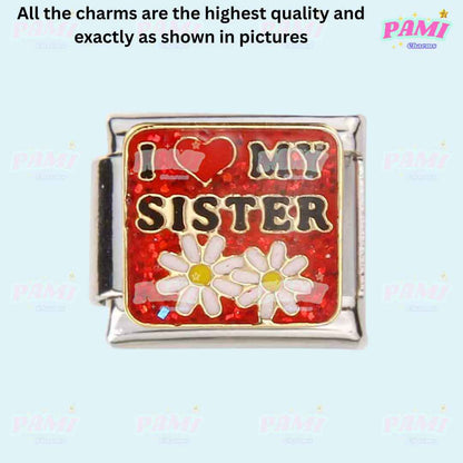 Pami Charms family italian charms I love my sister red square charm with flowers