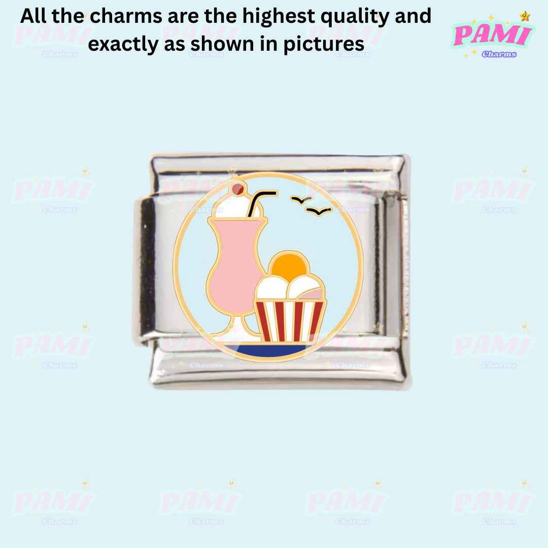 Pami Charms Italian food charms featuring a pink drink and popcorn on a silver base