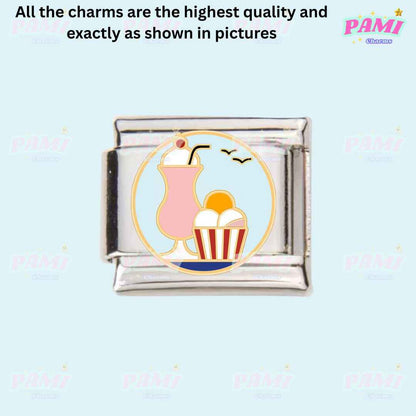 Pami Charms Italian food charms featuring a pink drink and popcorn on a silver base