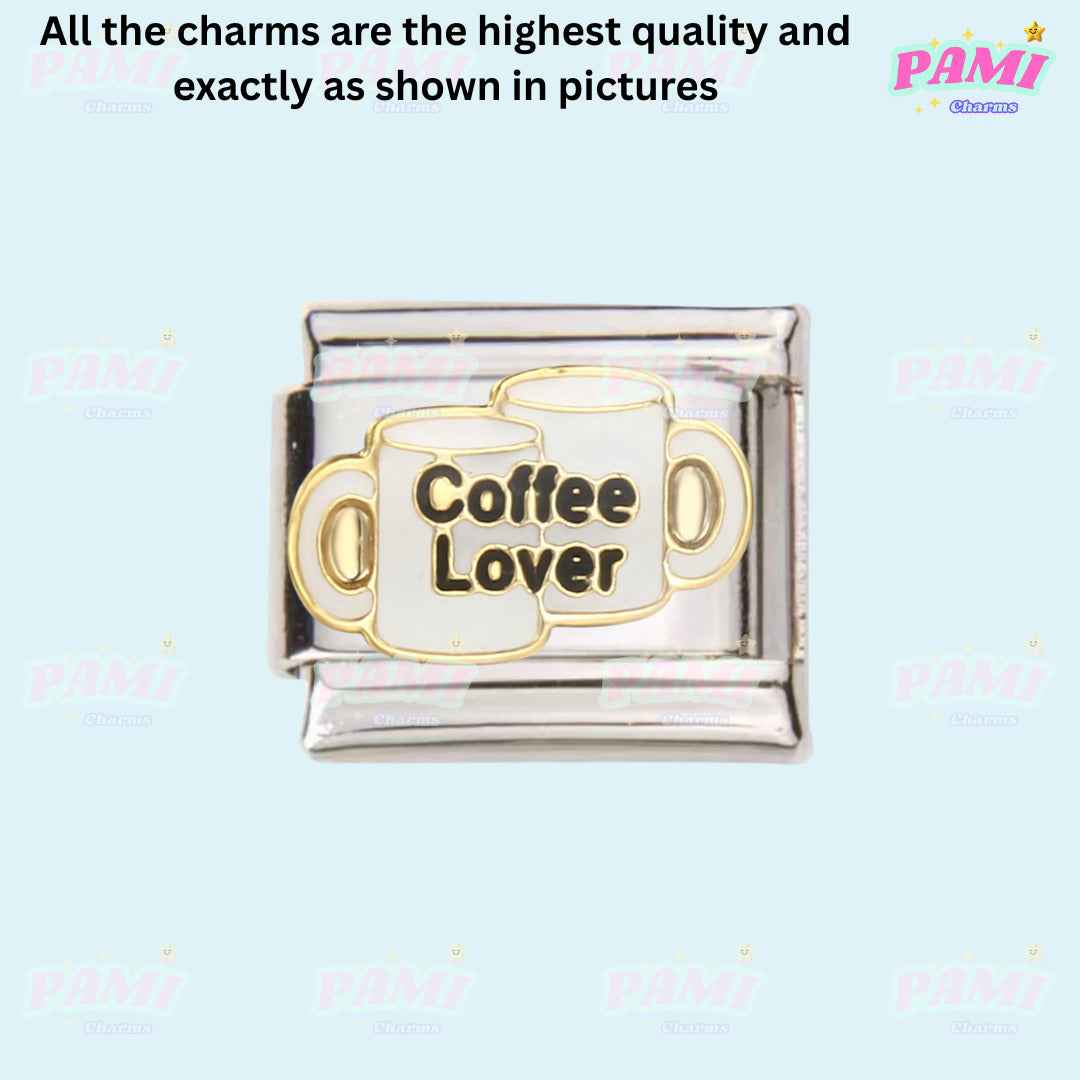 Pami Charms coffee lover charm with two white coffee mugs gold outline food italian charms