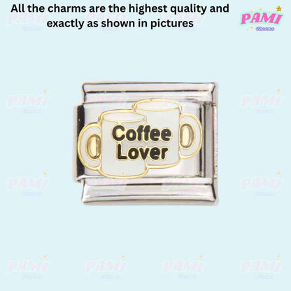 Pami Charms coffee lover charm with two white coffee mugs gold outline food italian charms