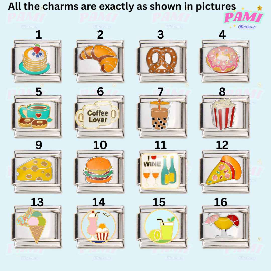 Pami Charms food italian charms set featuring enamel miniatures of pancakes croissant pretzel donut and other treats